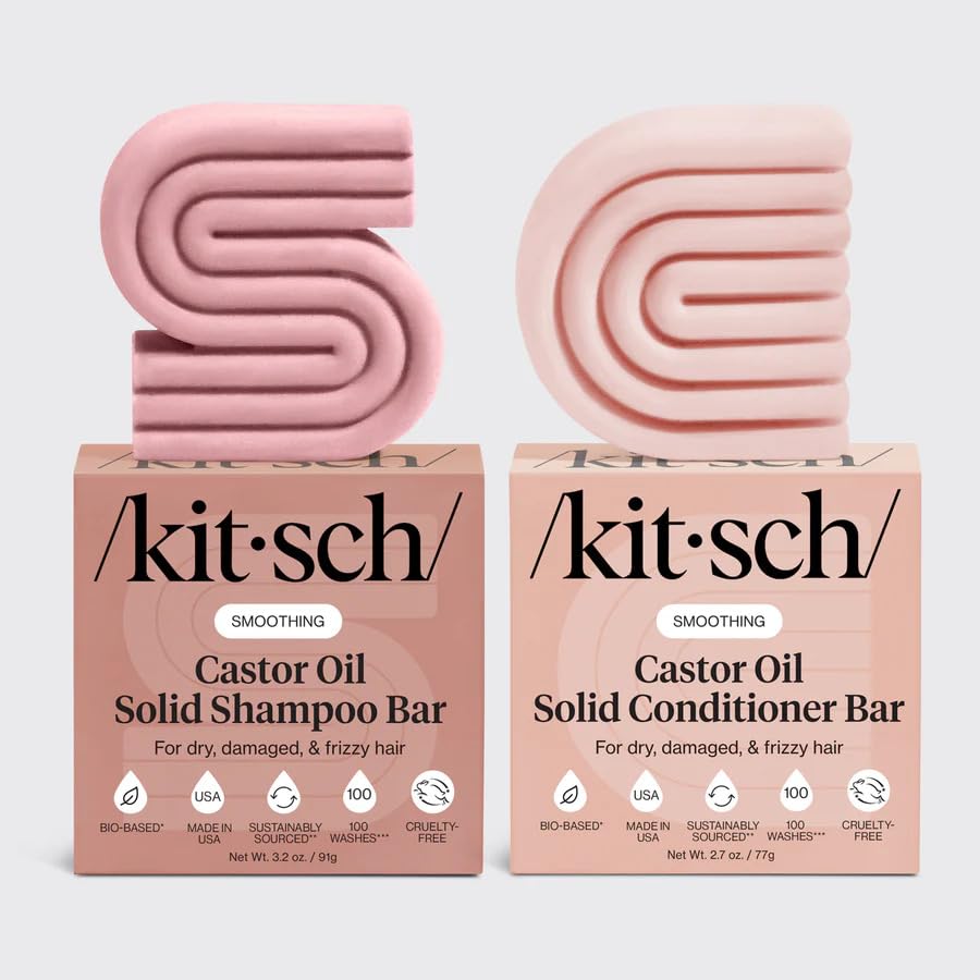Kitsch shampoo and conditioner bars styled on bathroom shelf in minimalist setting for sustainable routine