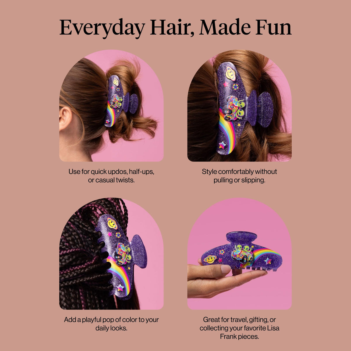 Kitsch Lisa Frank clip on beach hair showing wind-resistant hold and travel use