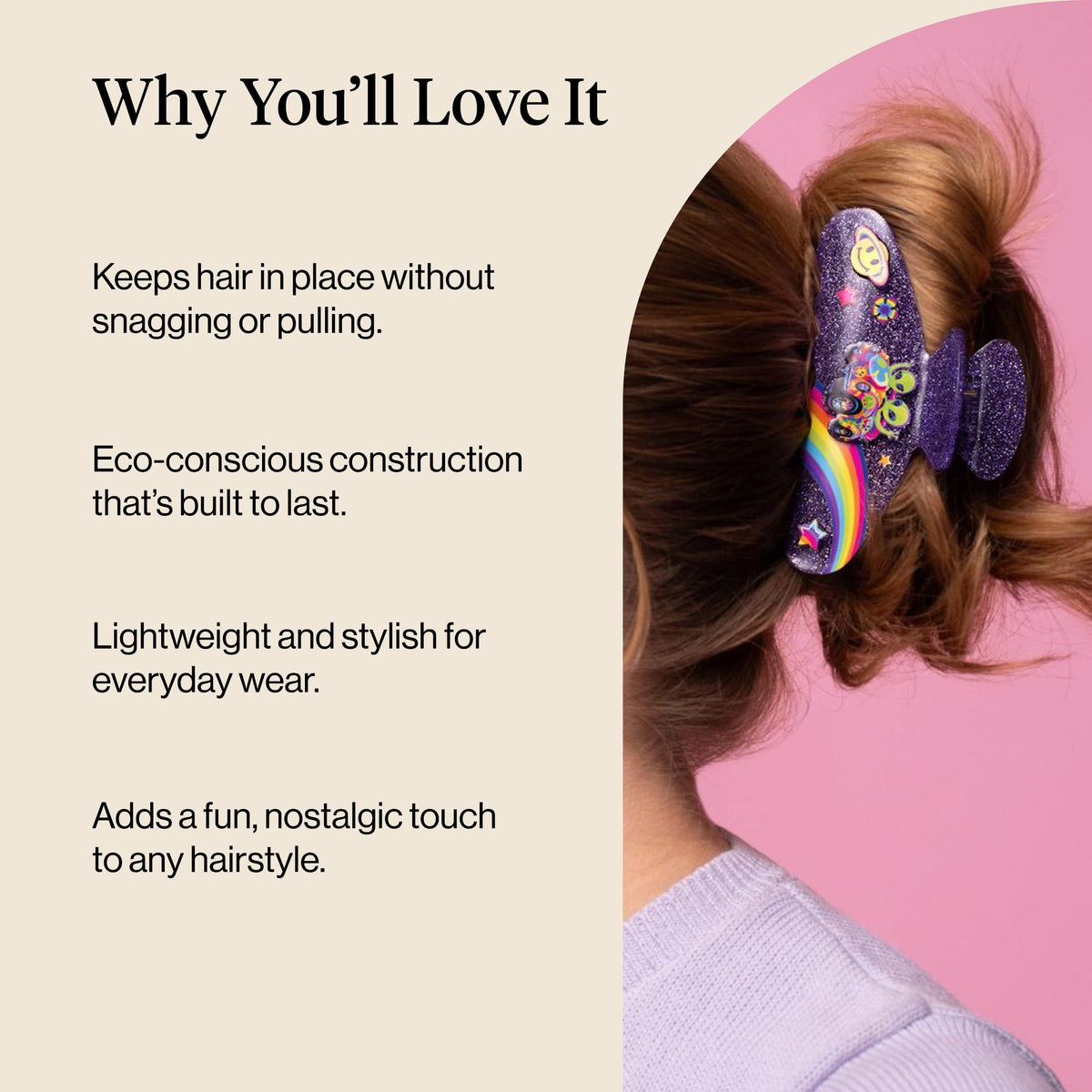 Kitsch Lisa Frank clip worn in hair demonstrating secure grip and styling benefit