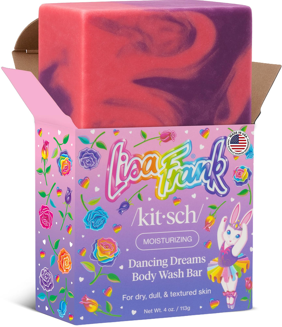 Kitsch bar front packaging showing Lisa Frank design and bright appeal for display