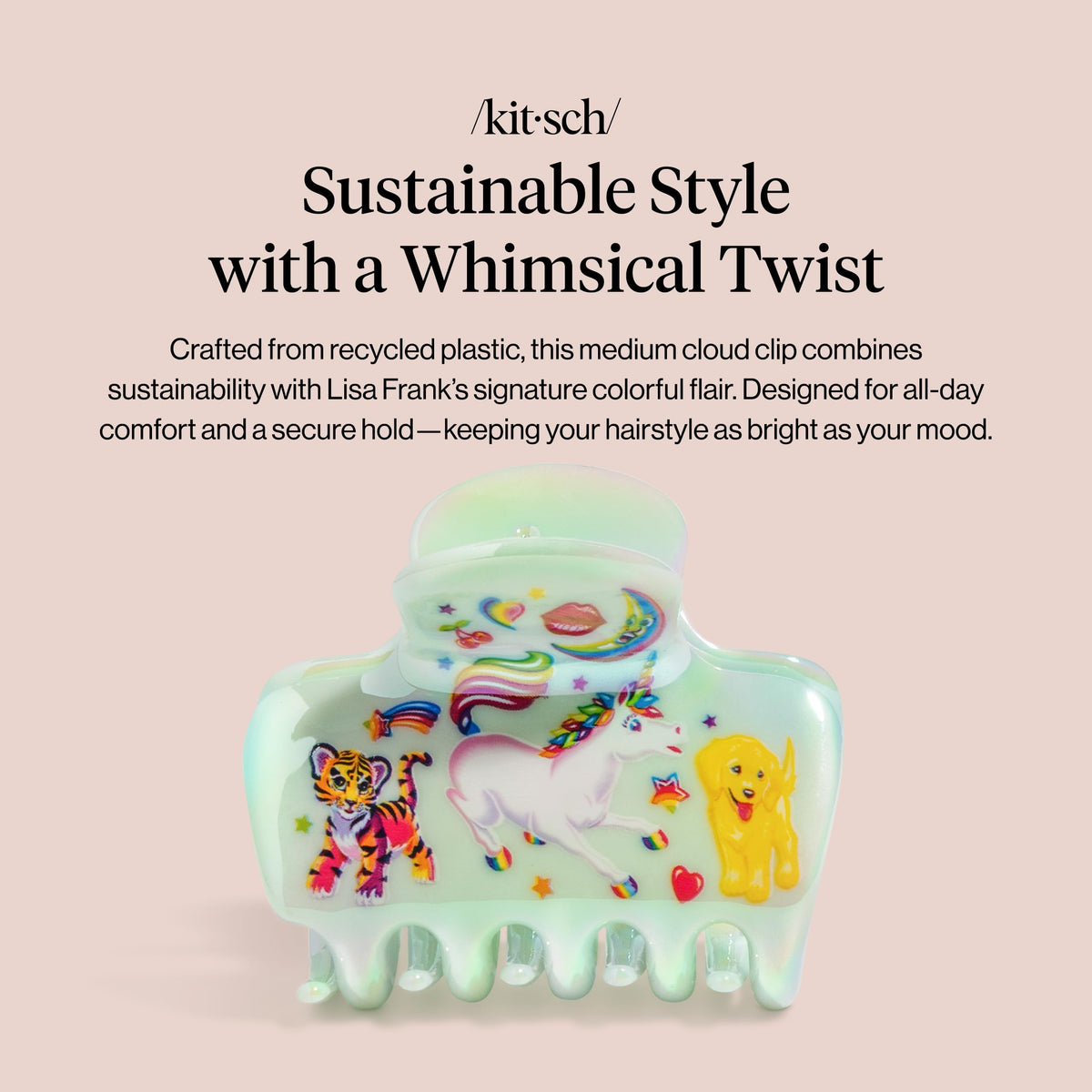 Kitsch Markie cloud clip close-up of Markie unicorn print highlighting vibrant colors