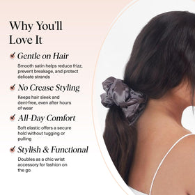 Kitsch model wearing blush scrunchie in a ponytail for gentle everyday styling