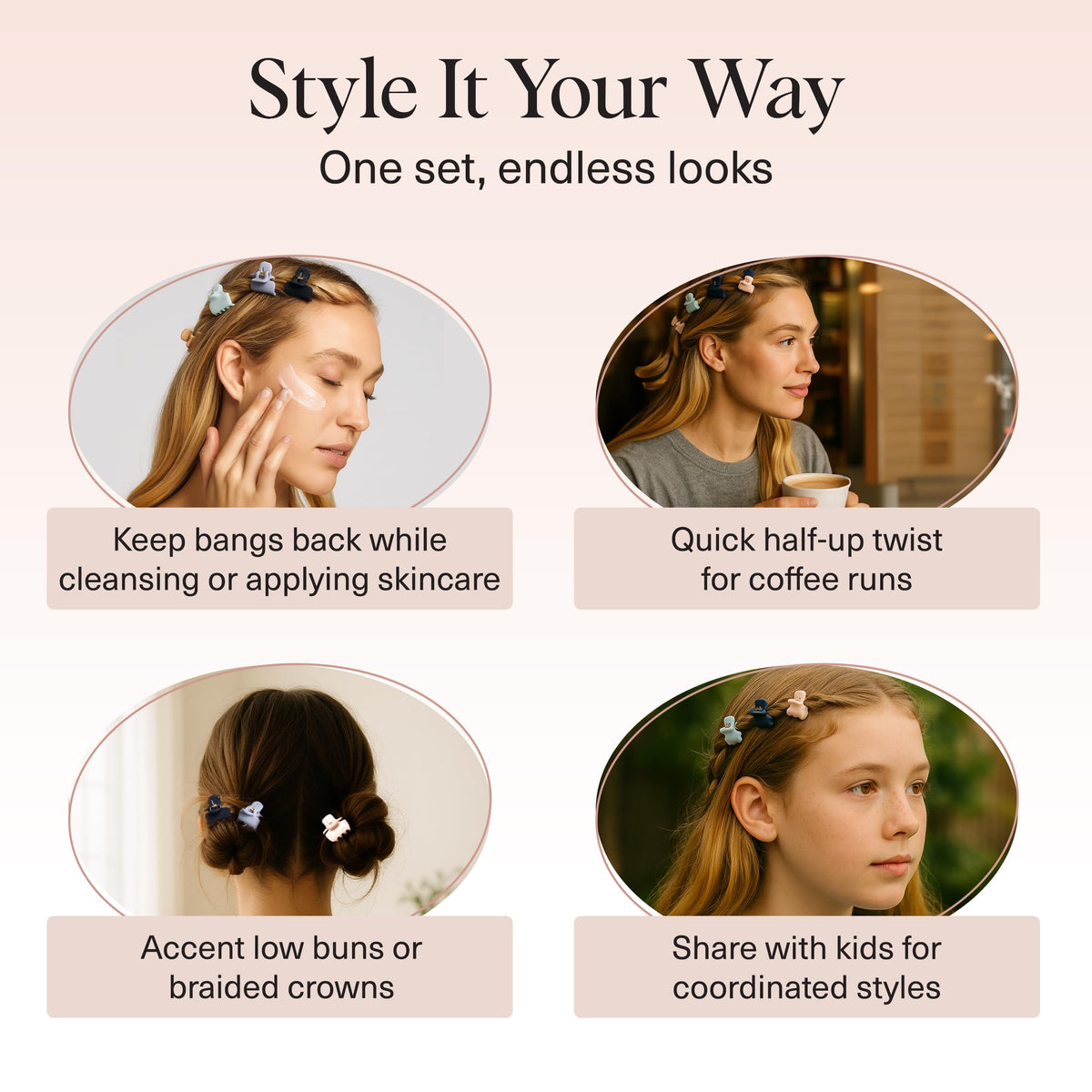 Kitsch used to secure bangs showing comfortable no-pull benefit