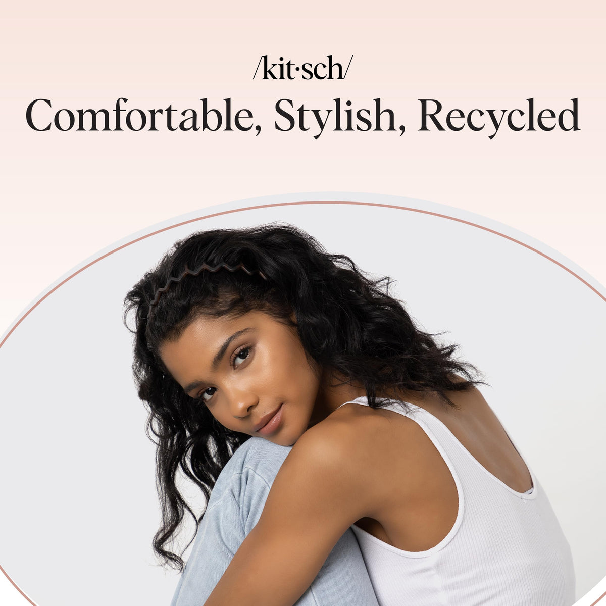 Kitsch headband on model in slicked-back style showing neat finish