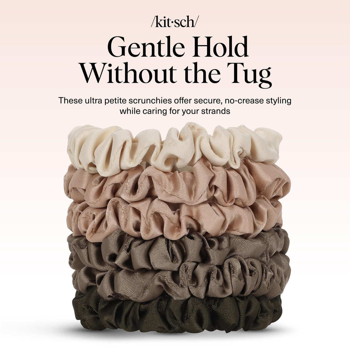 Kitsch packaging and six scrunchies displayed, ideal for travel and daily carry