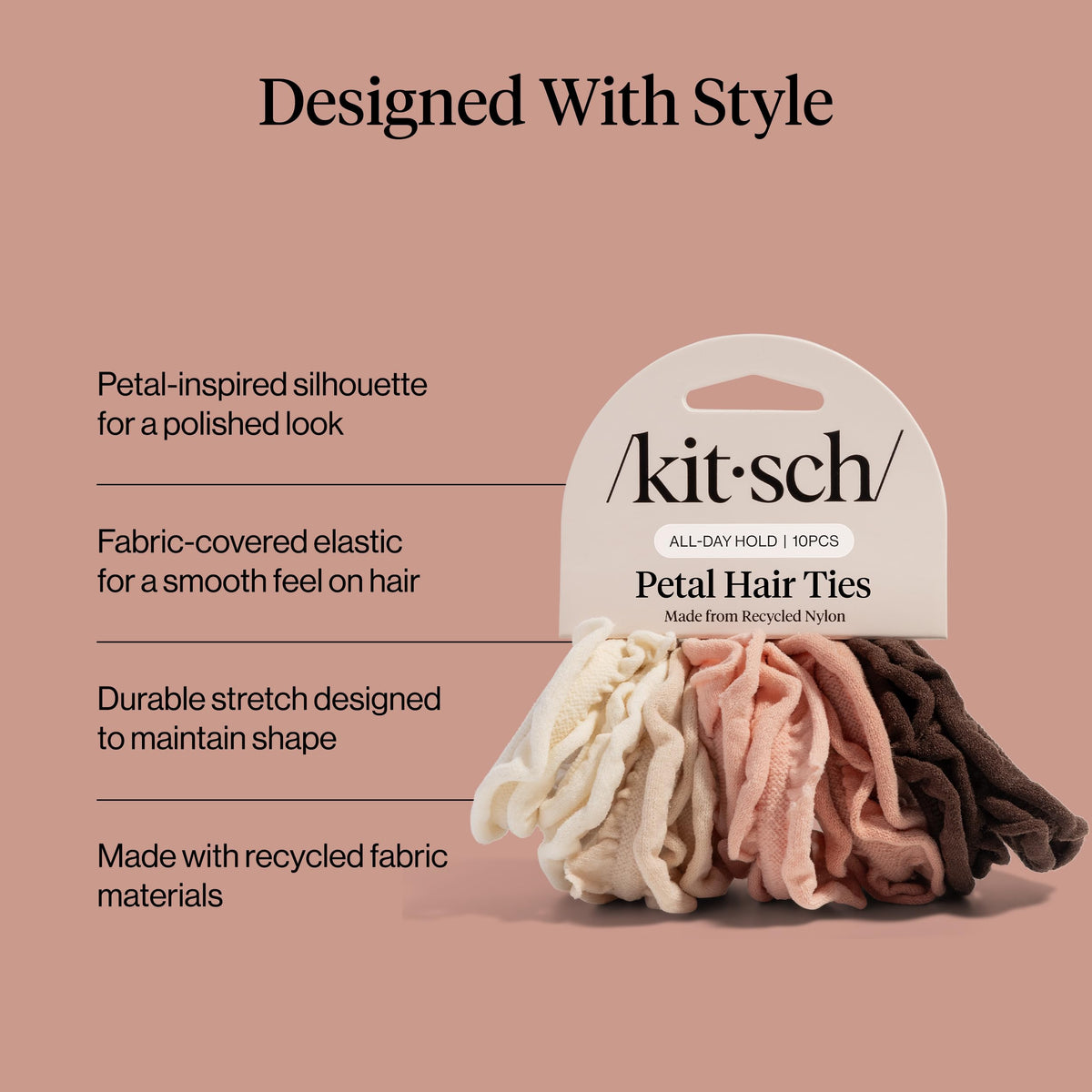 Kitsch petal hair tie securing a ponytail smoothly without creasing the hair