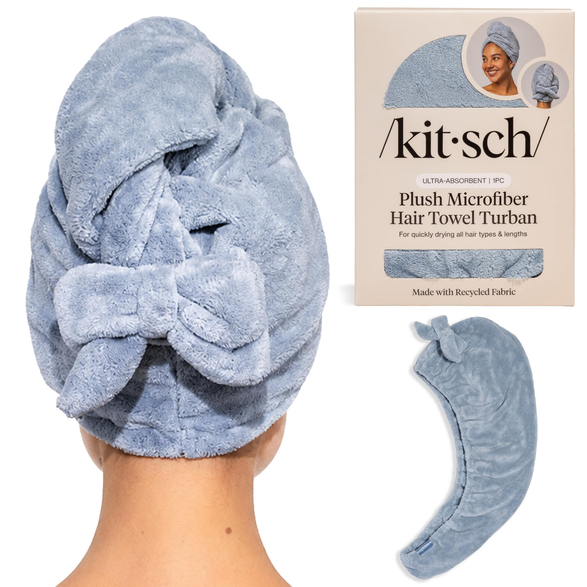 Kitsch plush microfiber front packaging showing coastal blue towel and bow benefit: fast drying
