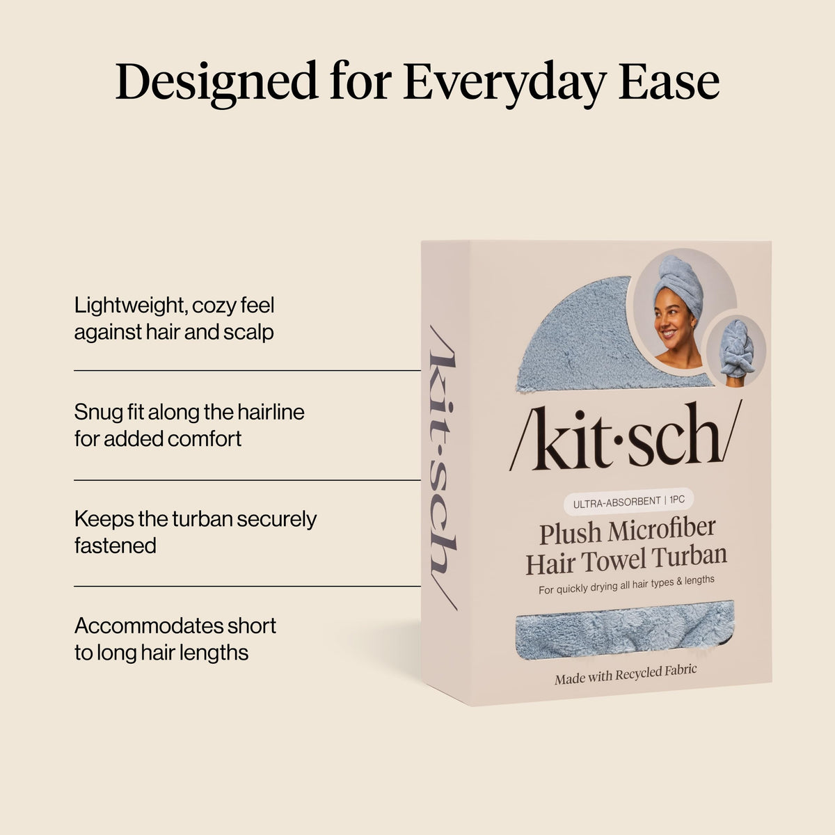 Kitsch towel wrapped on wet hair showing secure hold and moisture-wicking benefit