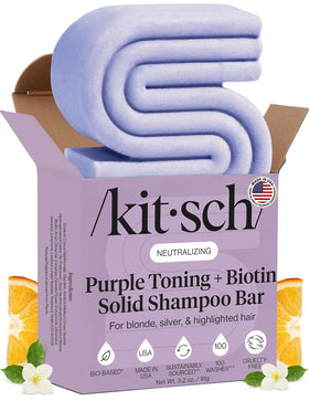 Kitsch purple shampoo bar front view showing compact eco-friendly packaging and clear branding