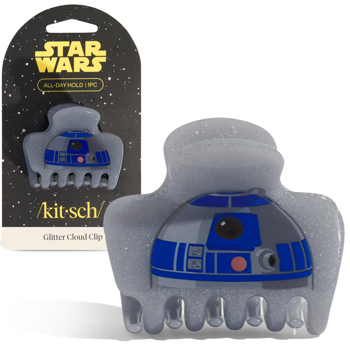 Kitsch R2‑D2 glitter clip front view showing design and hold benefit