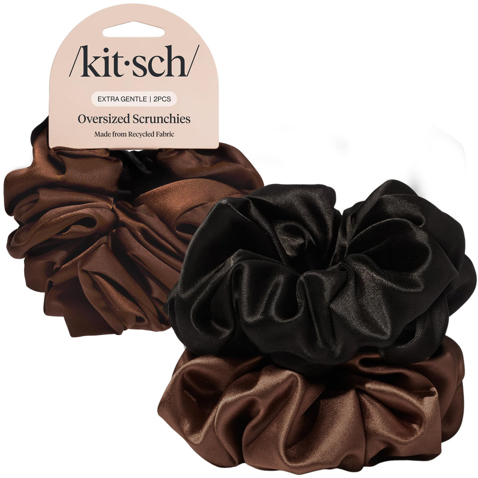 kitsch recycled satin scrunchies front pair showing color contrast and easy styling