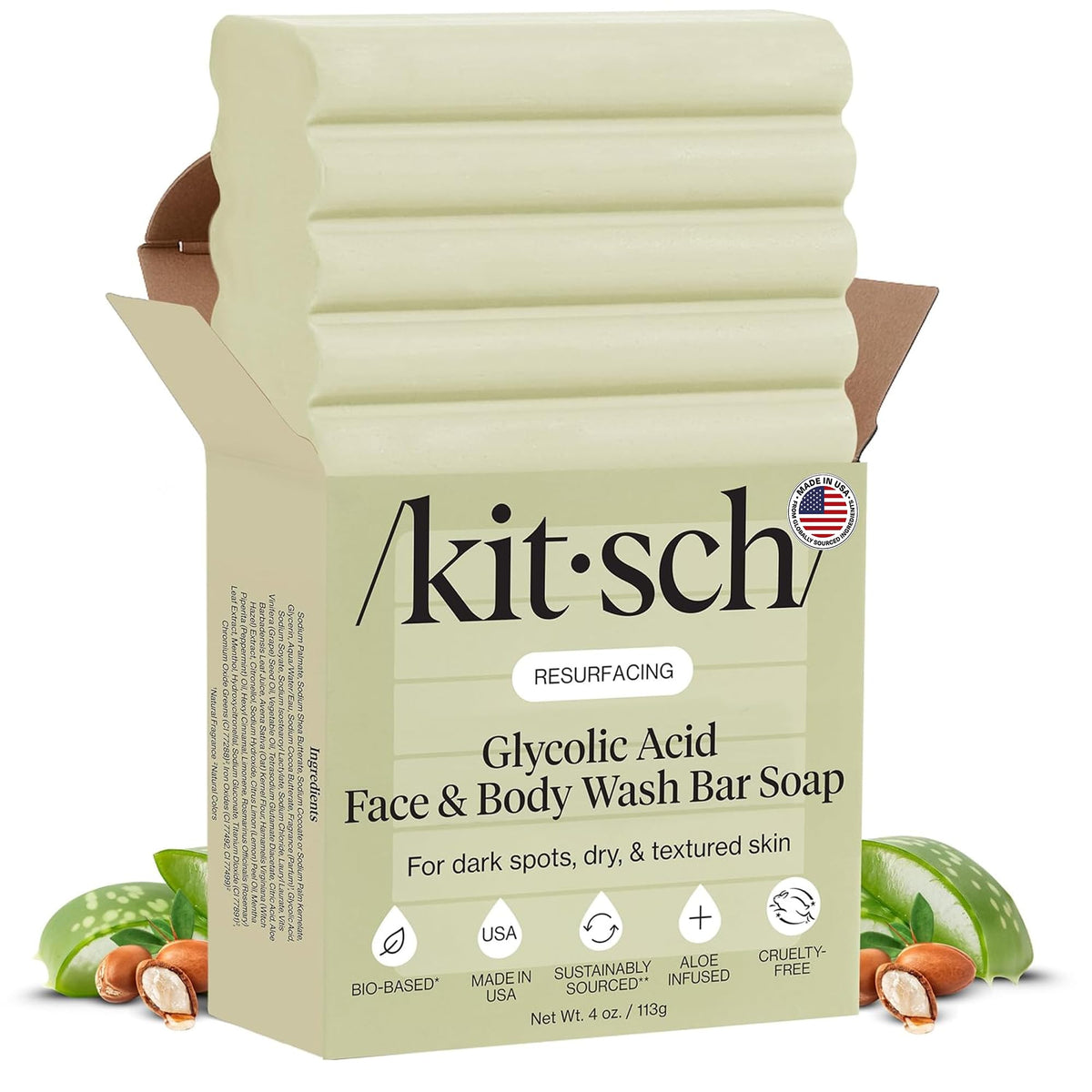 Kitsch front packaging showing bar soap benefits and scent