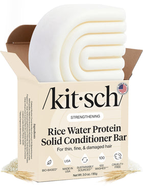 Kitsch front packaging of rice water conditioner bar shows branding and size benefit