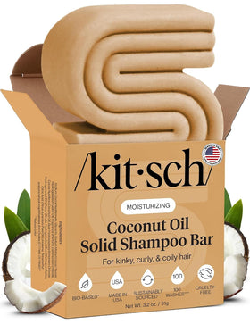 Kitsch shampoo bar front packaging showing product benefits and eco-friendly design