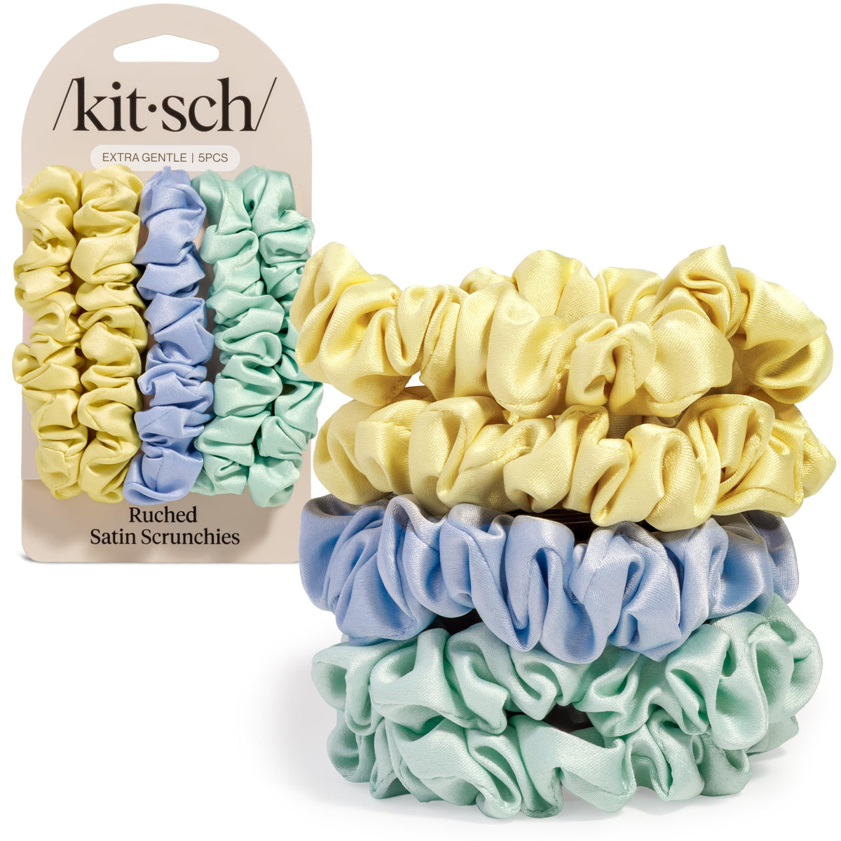 Kitsch front packaging showing five rosette scrunchies and color set benefits