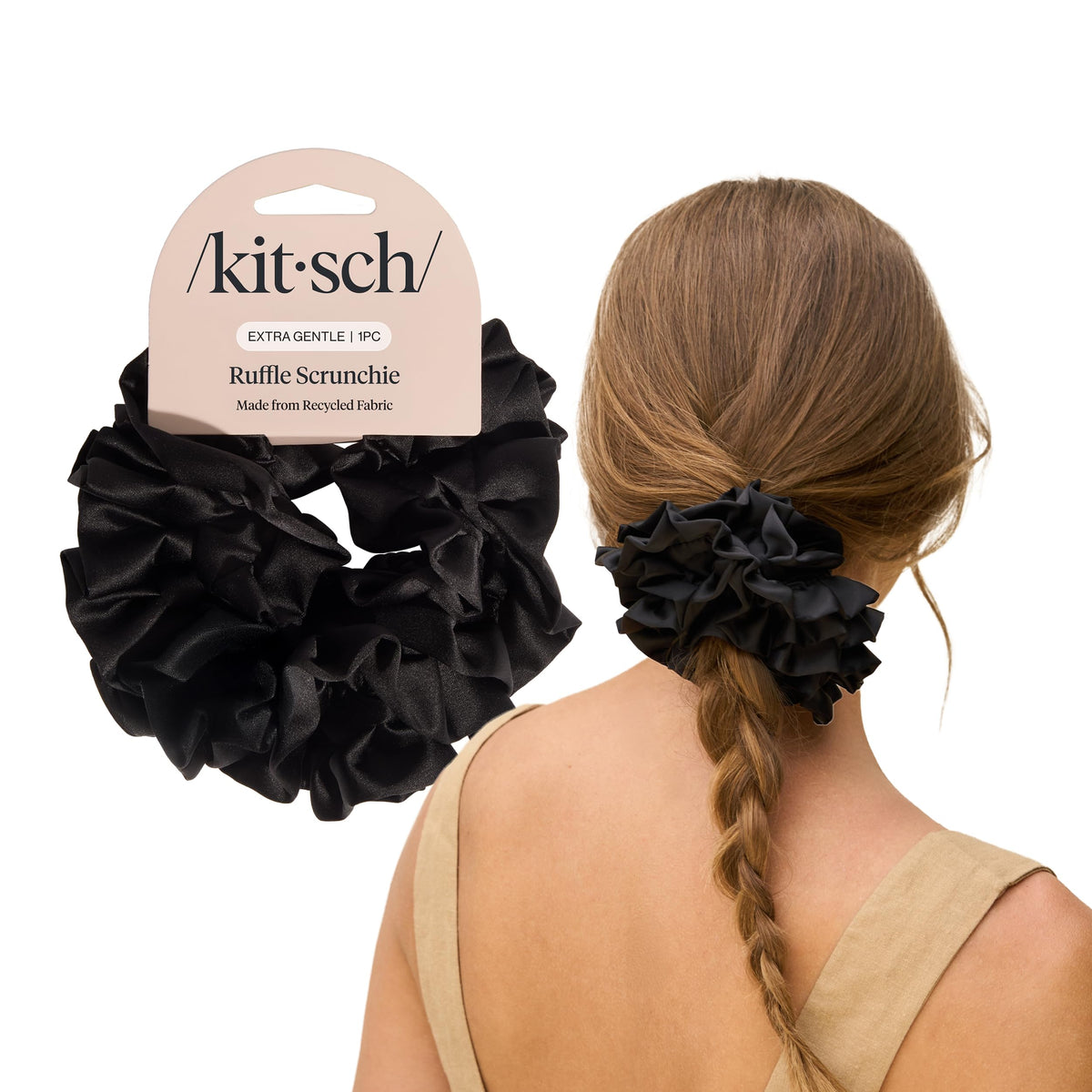 Kitsch black satin ruffle scrunchie front view shows elegant silhouette and gentle grip