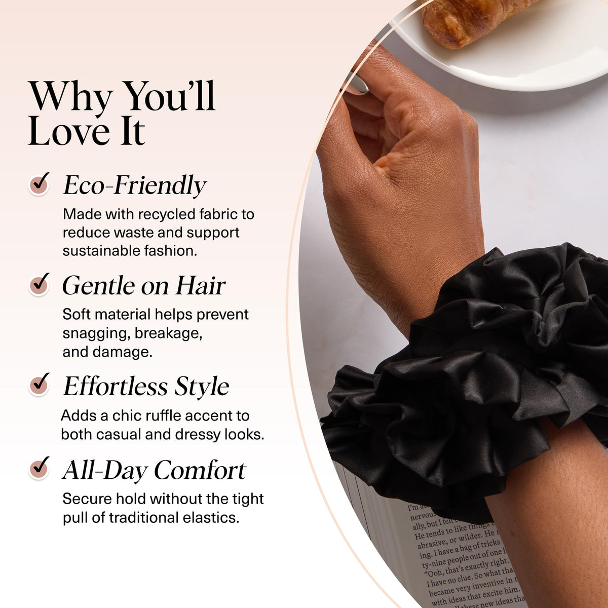 Kitsch scrunchie worn on wrist as accessory showing convenience and style