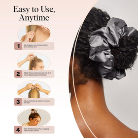 Kitsch scrunchie beside a hand for size and stretch comparison benefit