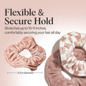 Kitsch scrunchie next to a hand and coin showing compact travel-friendly benefit
