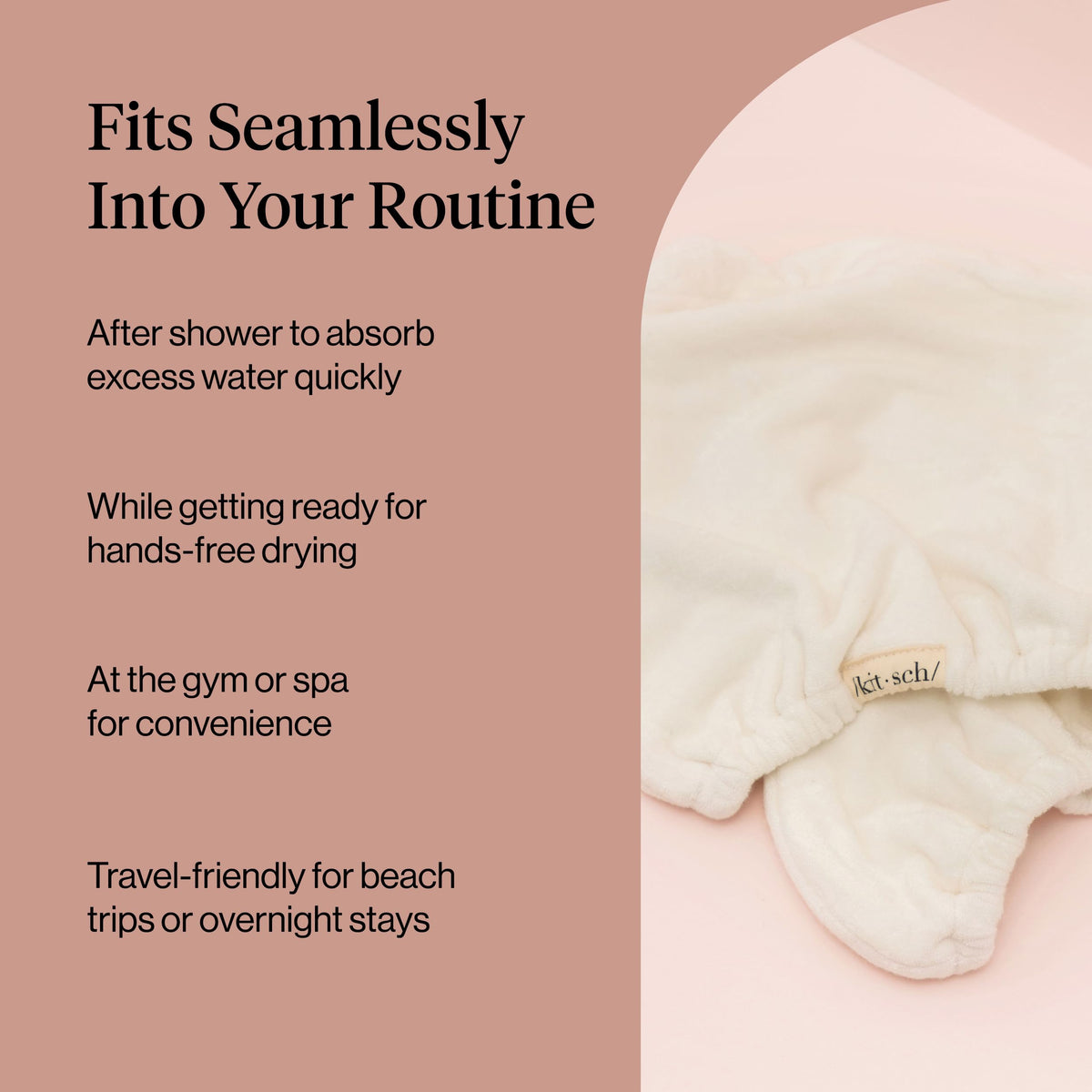 Kitsch towel beside a hand to show size and coverage for long hair benefit