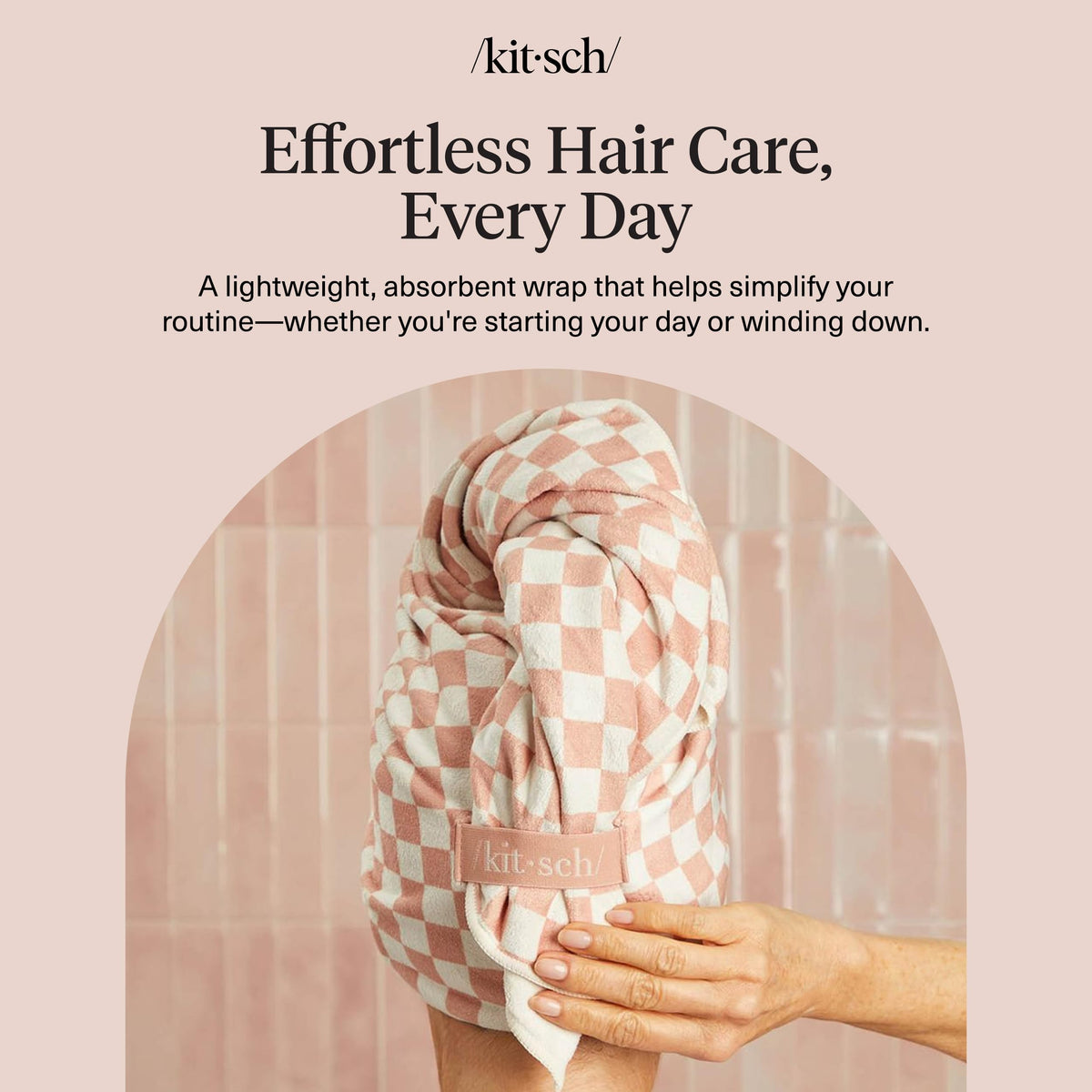 Kitsch towel next to a hand showing XL coverage for long, thick hair