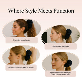 kitsch chocolate scrunchie in hair offering volume and reduced friction