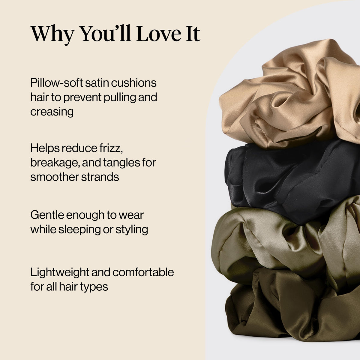 Kitsch scrunchie worn on wrist illustrating convenient carry and quick styling benefit