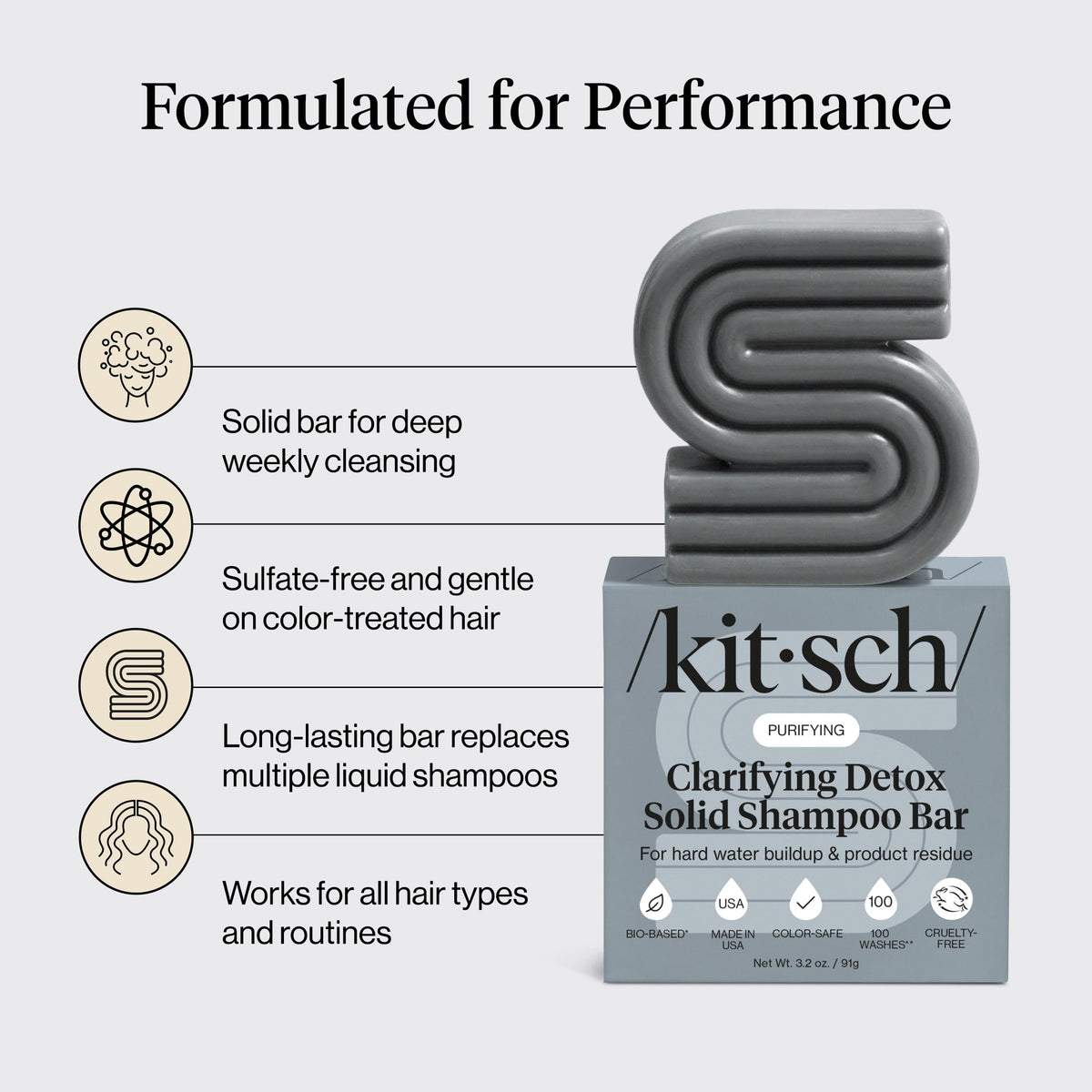 Kitsch shampoo bar close-up of texture, highlights concentrated formula and compact design