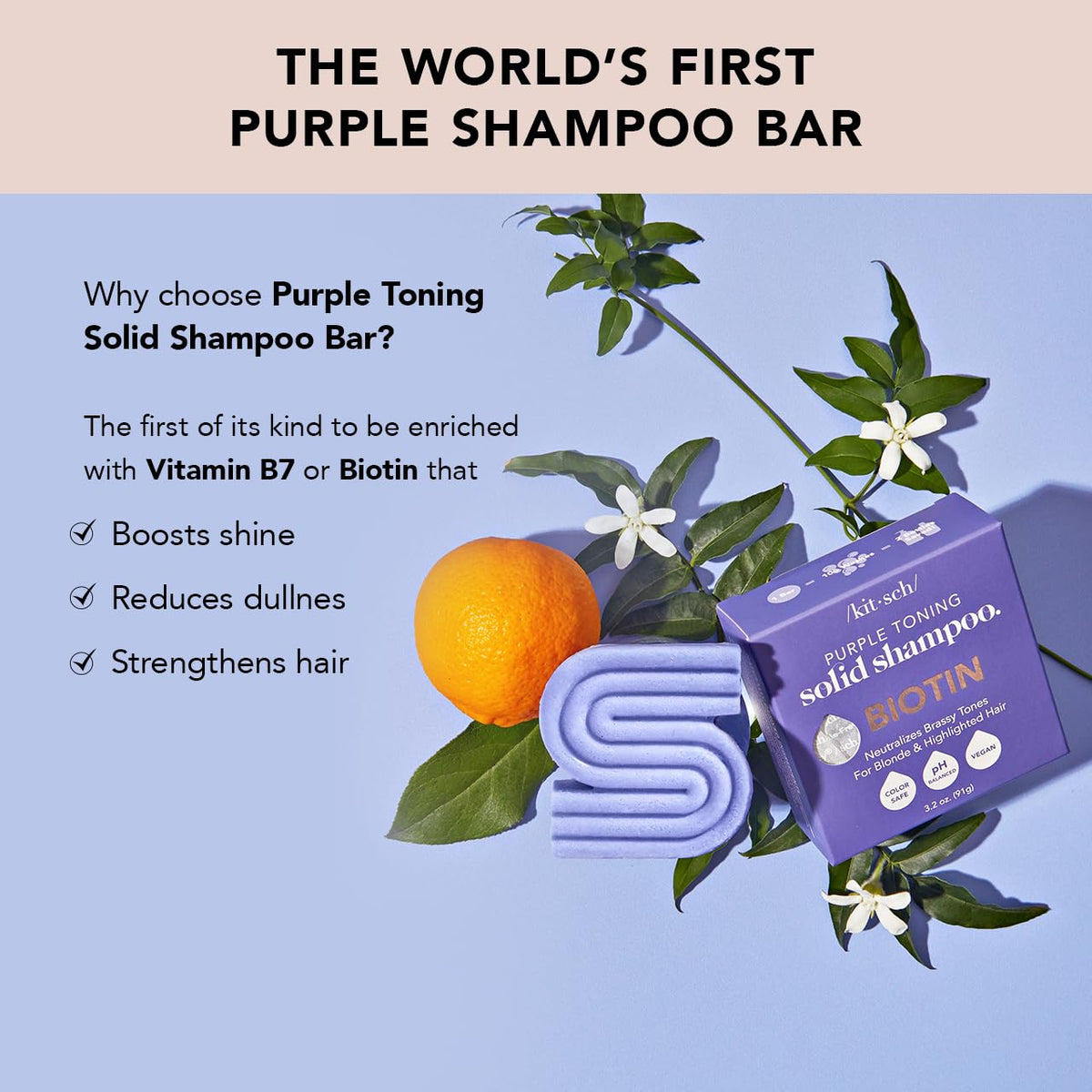 Kitsch shampoo bar close-up texture highlighting pigment and smooth, concentrated formula benefits