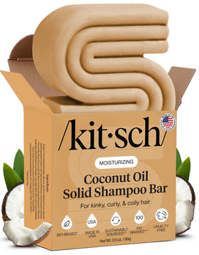 Kitsch shampoo bar front packaging showing product benefits and brand