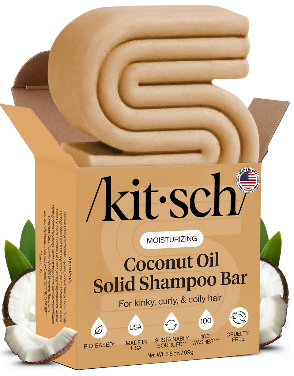Kitsch shampoo bar front packaging showing product benefits and brand