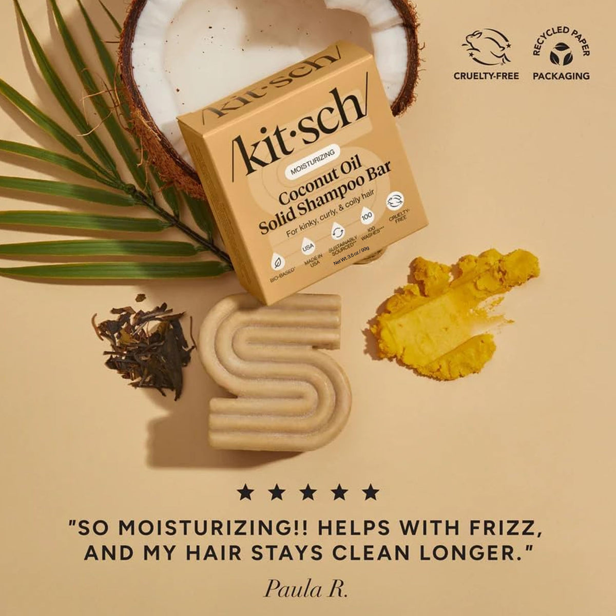 Kitsch shampoo bar with travel tin emphasizing TSA-friendly, leak-free carry