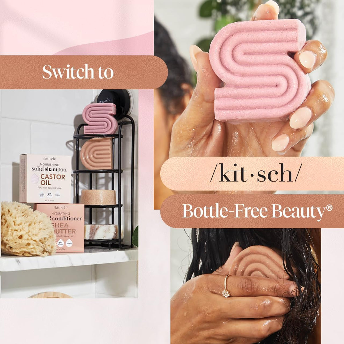 Kitsch bars beside a standard shampoo bottle demonstrating compact, low-waste size benefit