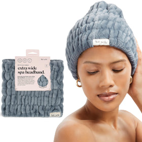 Kitsch spa headband front view in Misty Blue showing full coverage and neat finish