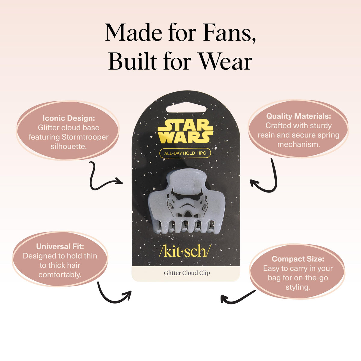 Kitsch Stormtrooper worn in half-up hairstyle showing secure hold