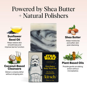 Kitsch Stormtrooper with shea butter ingredient visual highlighting moisturizing benefits