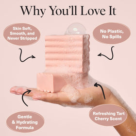 Kitsch soap beside recyclable box highlighting low-waste packaging