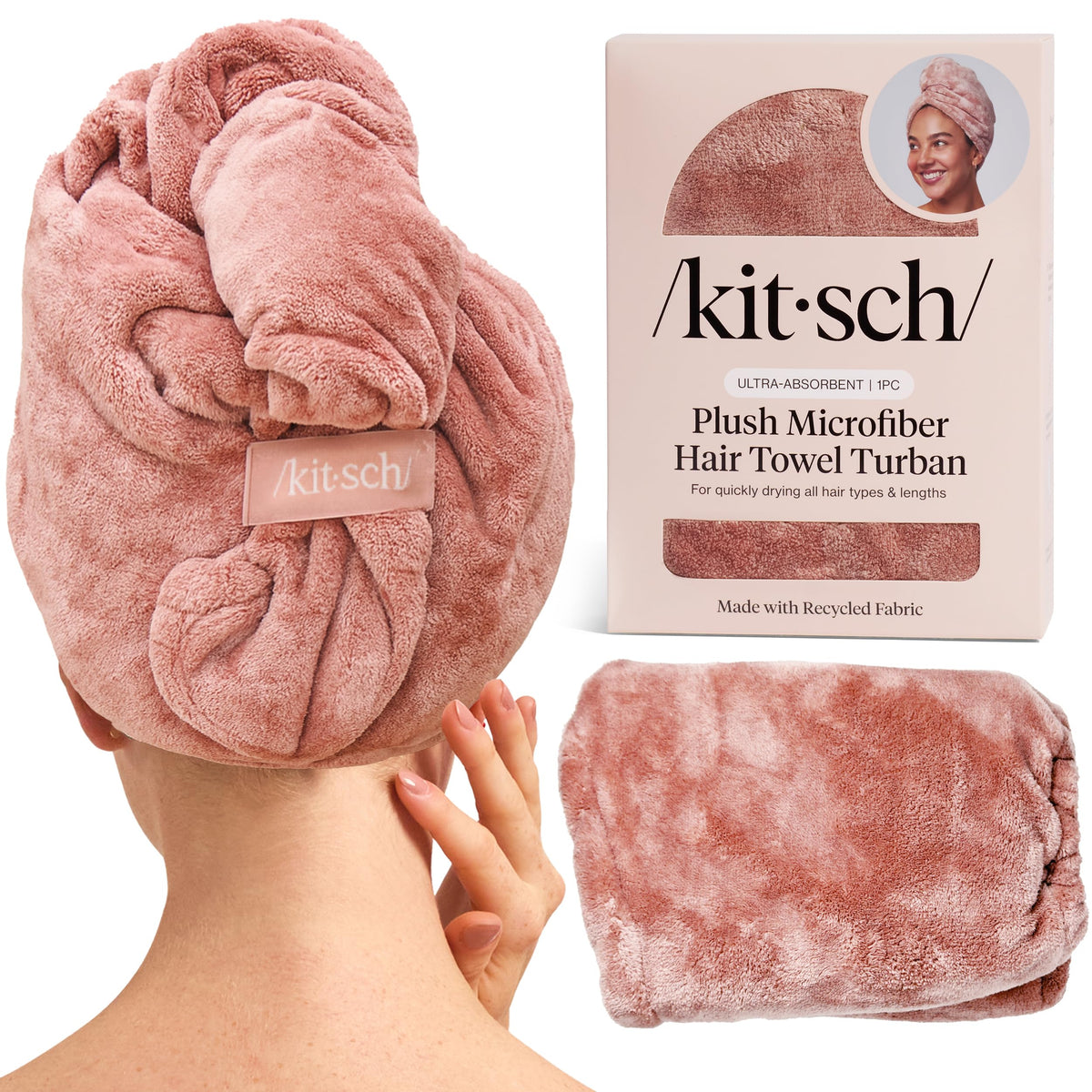 Kitsch terracotta hair towel front view showing color and shape, quick dry benefit