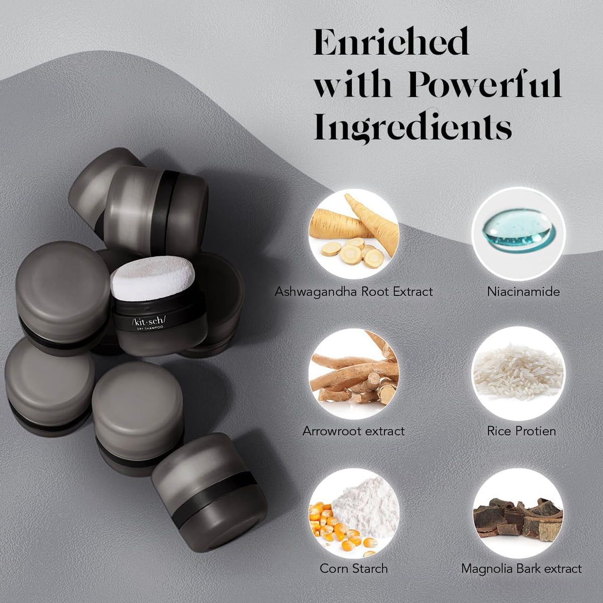 Kitsch powder texture close-up highlighting fine rice-protein particles for absorption