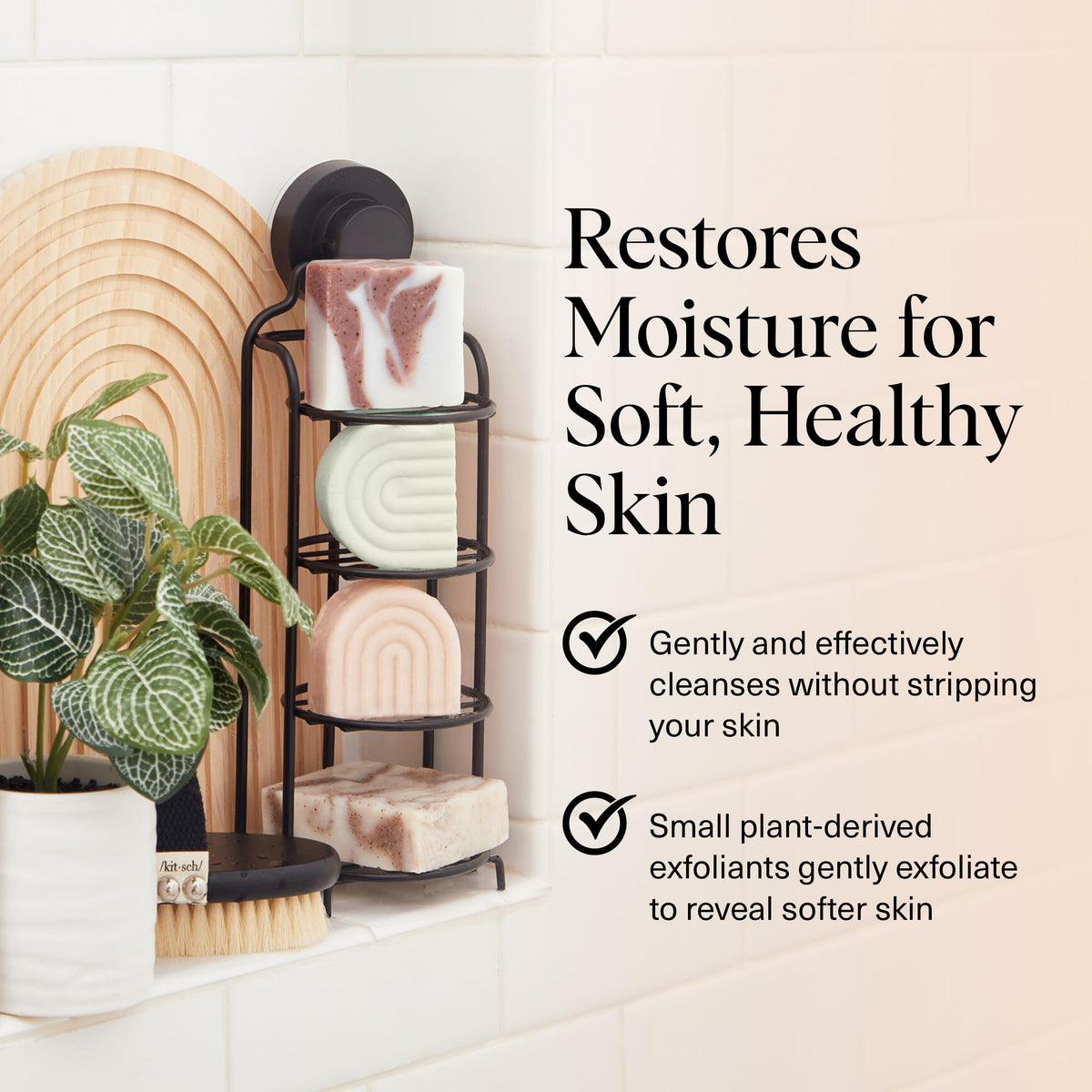 Kitsch close-up of bar texture with plant exfoliant particles highlighting gentle polish