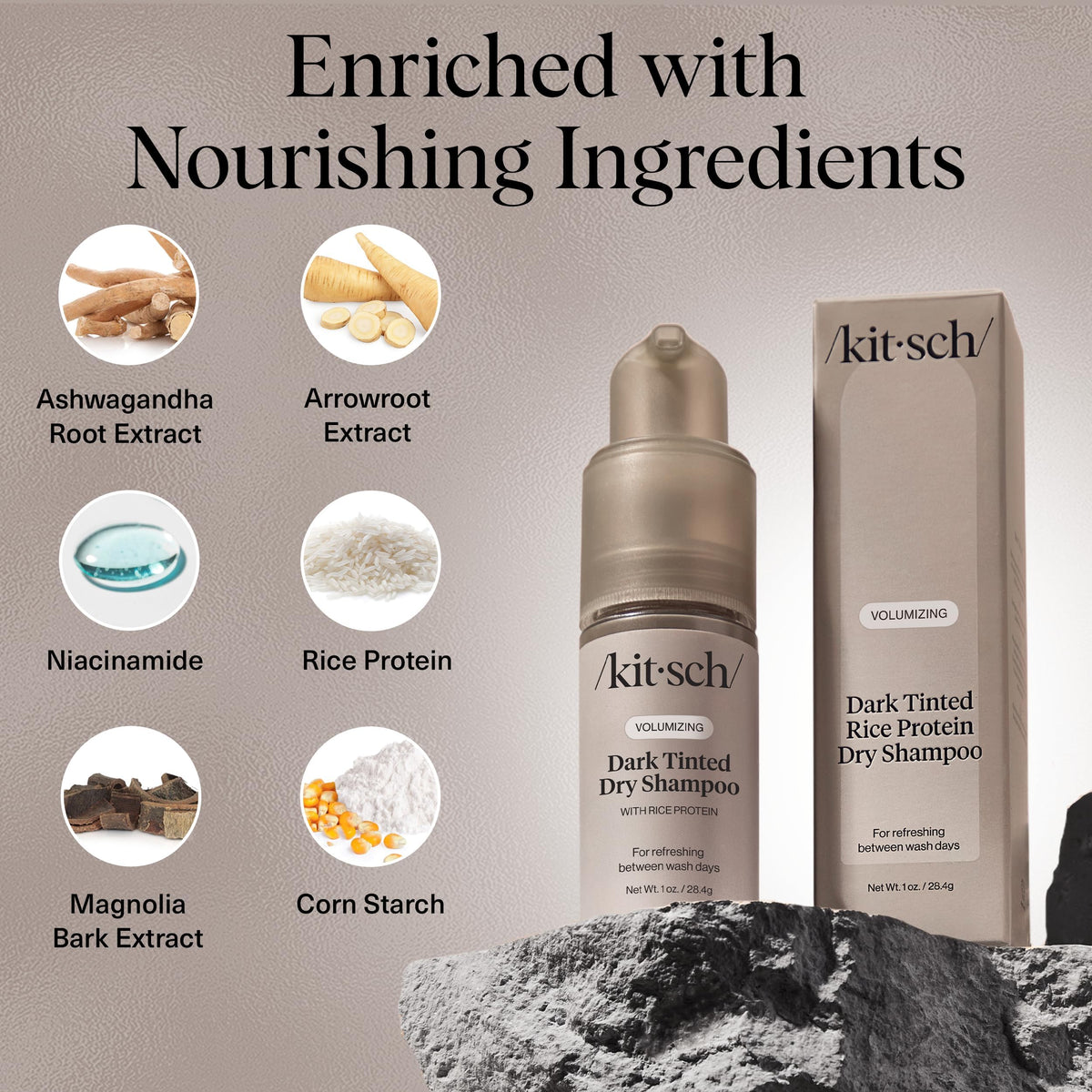 Kitsch powder texture swatch highlighting rice protein blend for volume