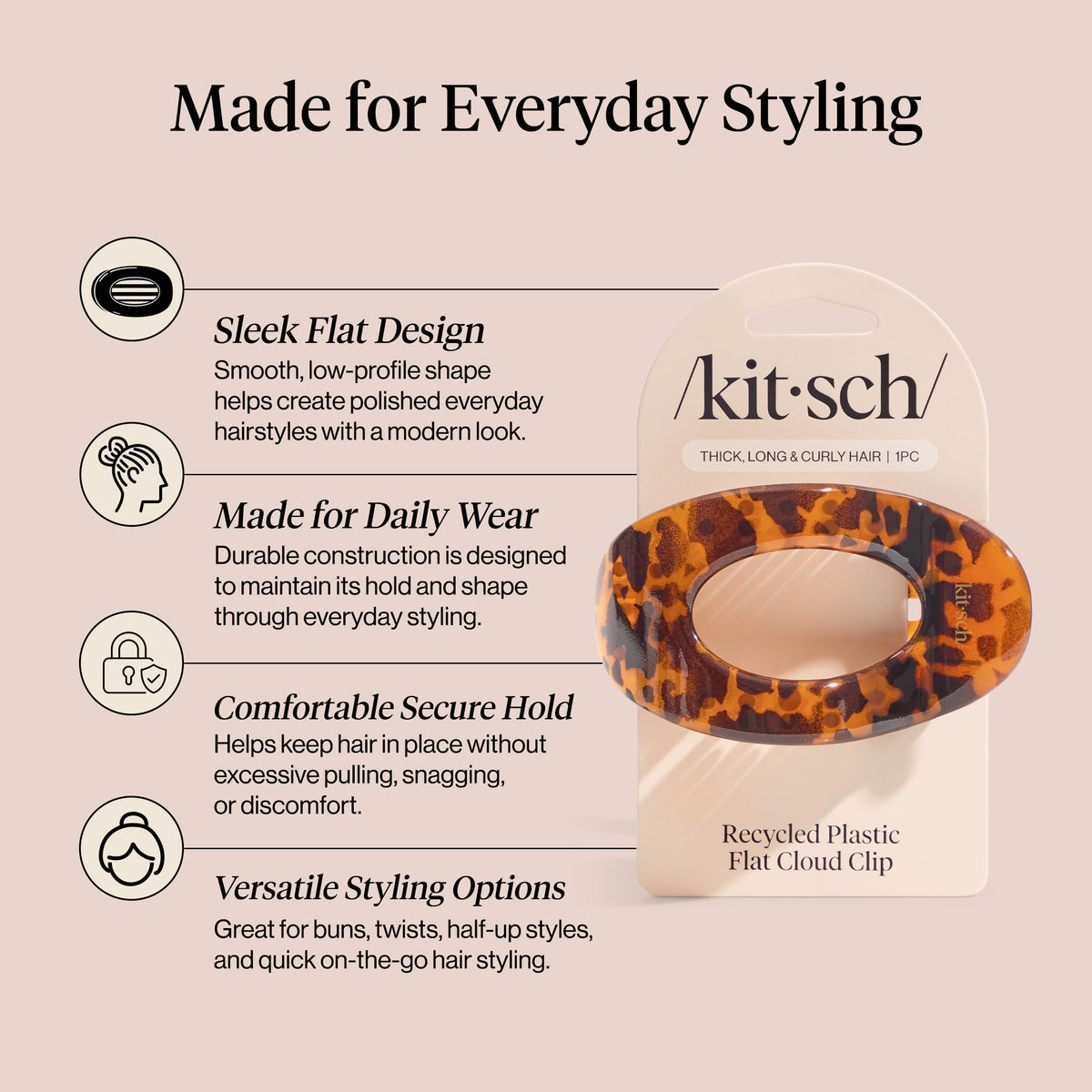 Kitsch tortoise worn in half-up style demonstrating secure everyday wear
