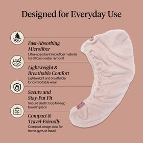 Kitsch model wearing wrapped towel demonstrating secure hands-free drying benefit