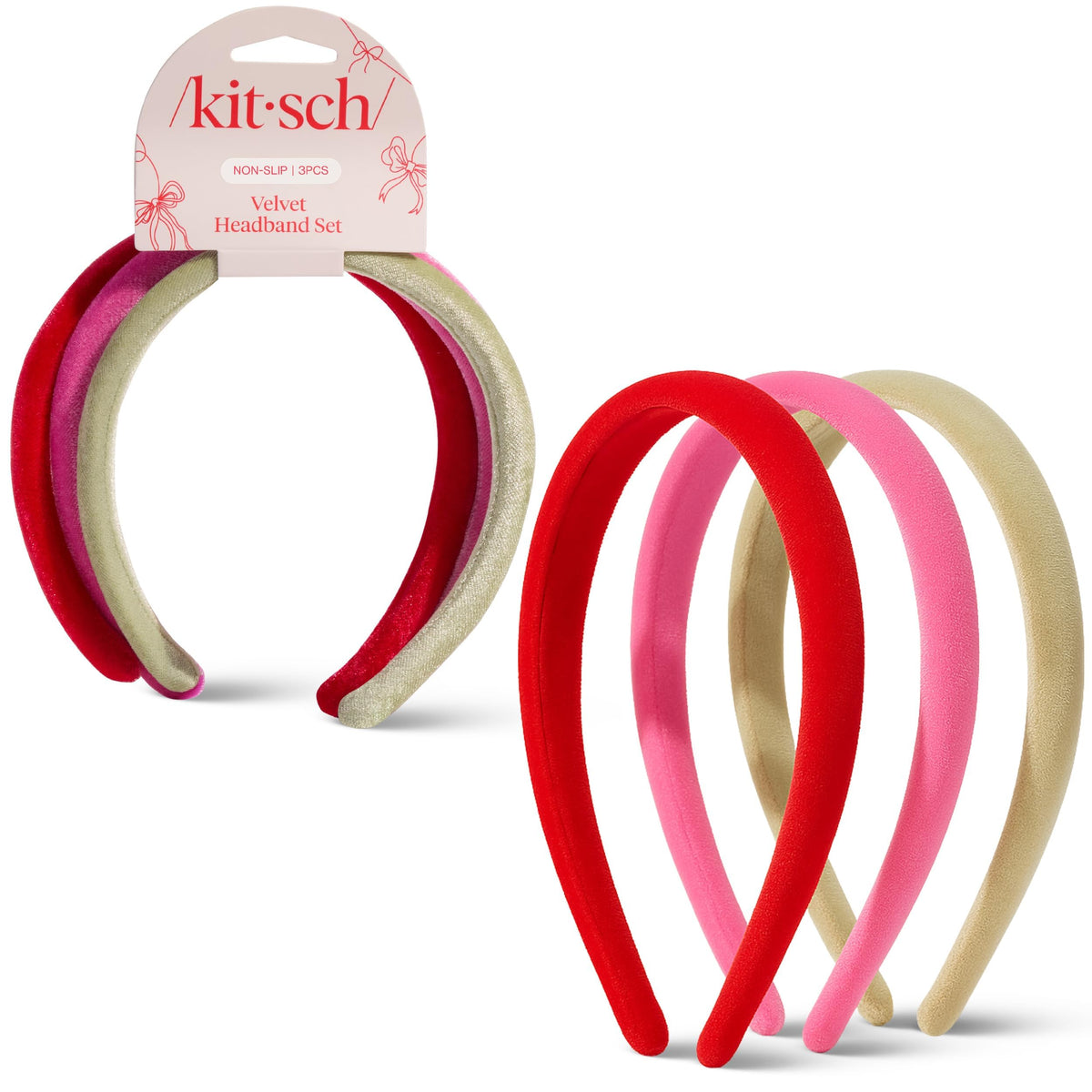 Kitsch velvet headbands front packaging showing three colors and ready-to-wear benefit