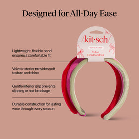 Kitsch velvet headband worn by model in pink adding soft, everyday style