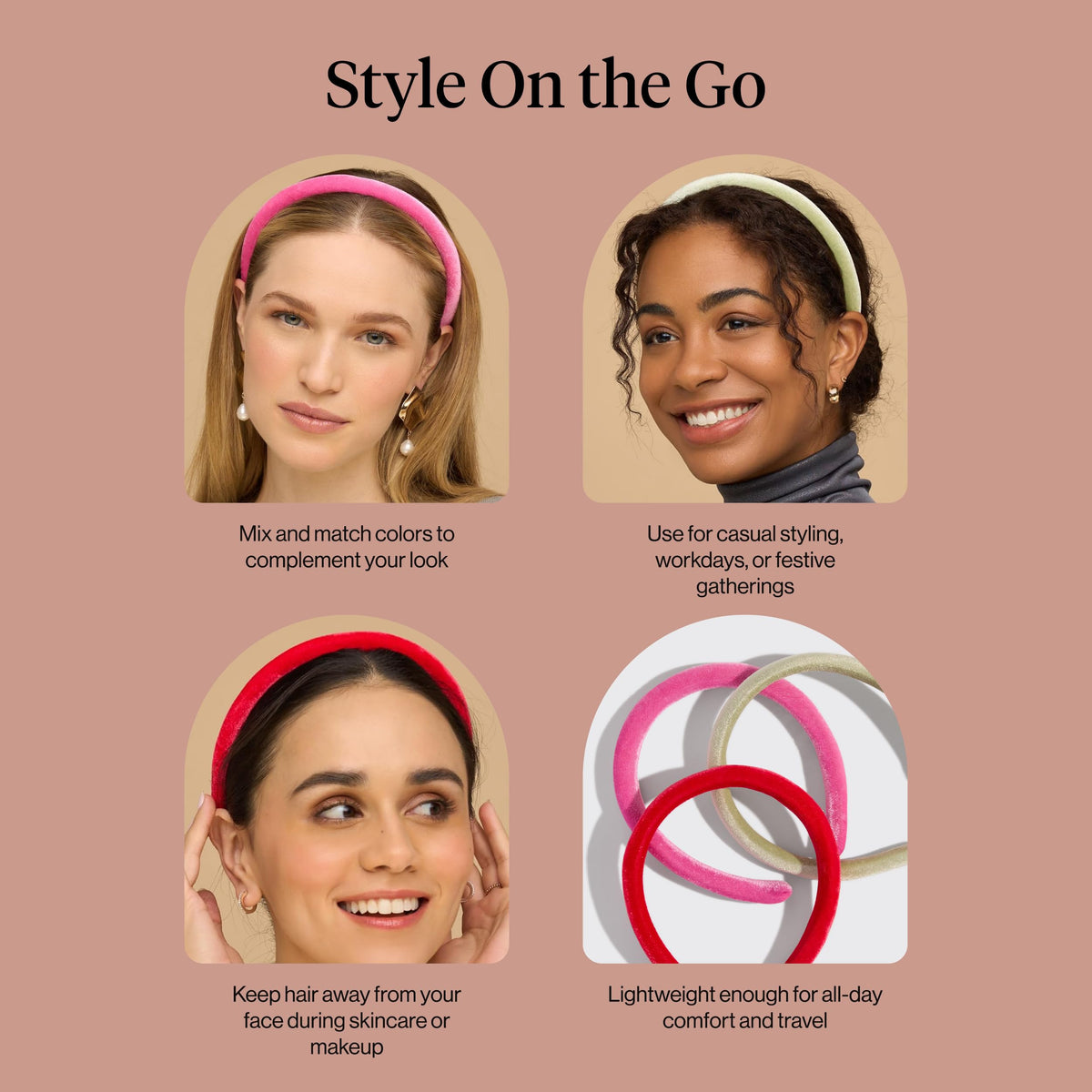Kitsch velvet headbands held in hand to show scale and portable convenience