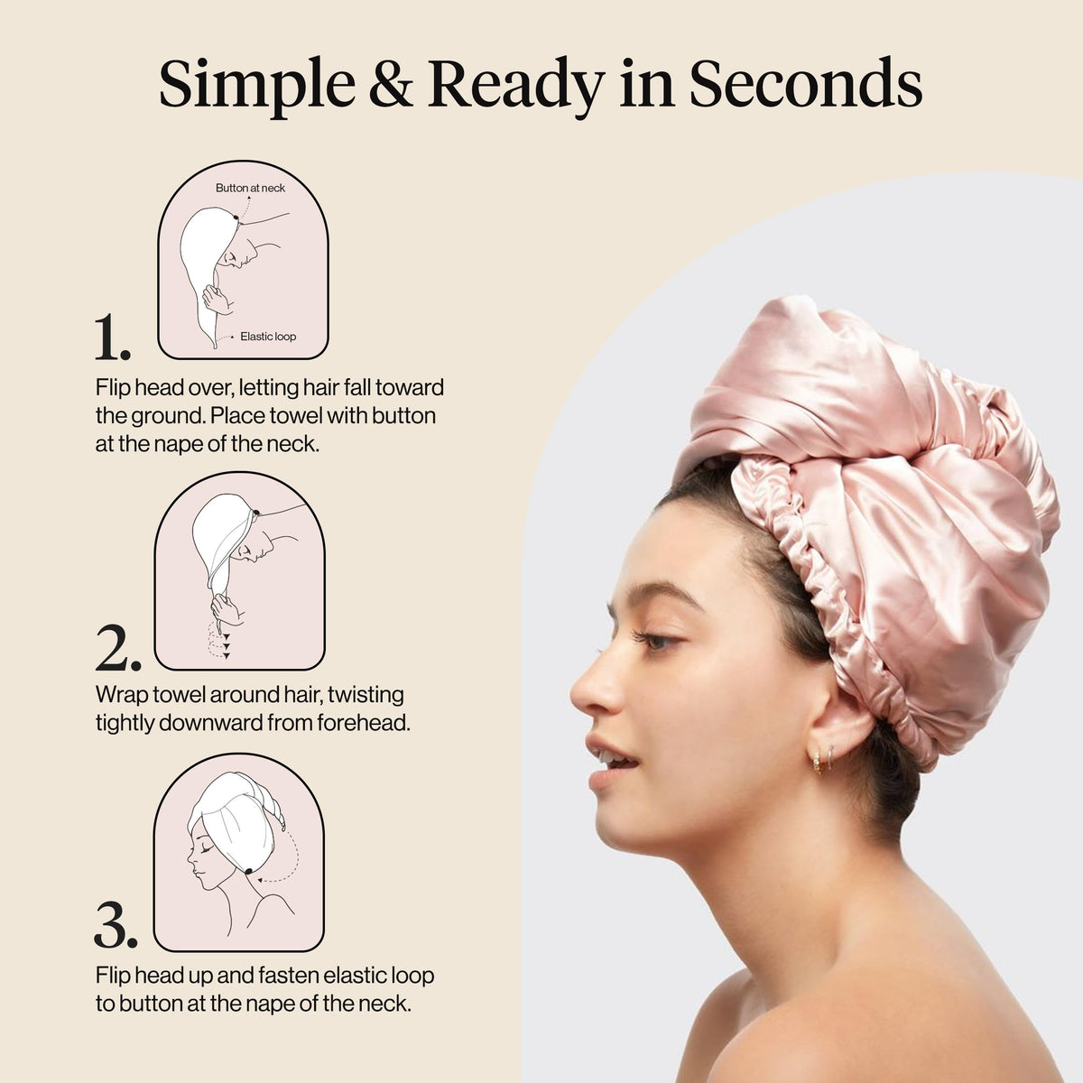 Kitsch towel wrapped on wet hair after shower shows faster moisture removal