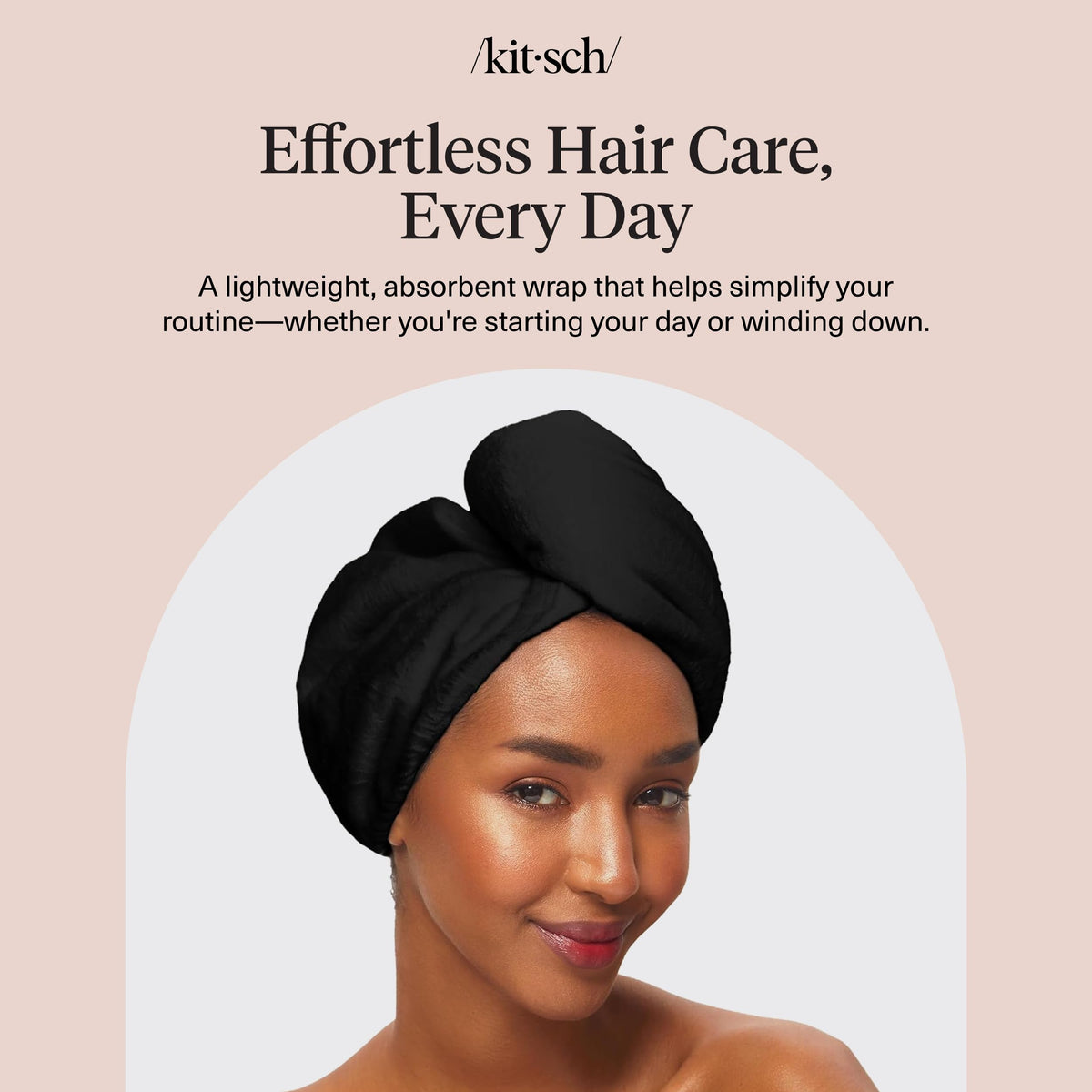 Kitsch before-and-after wet hair to drier hair demonstrating water absorption benefit