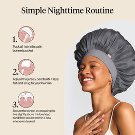 Kitsch bonnet paired with heatless rollers to preserve curls overnight