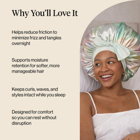 Kitsch bonnet worn by model with curls preserving shape and reducing tangles